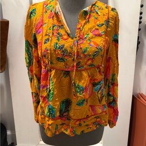 Farm Rio Anthropologie Vibrant Floral Blouse in Yellow and Pink